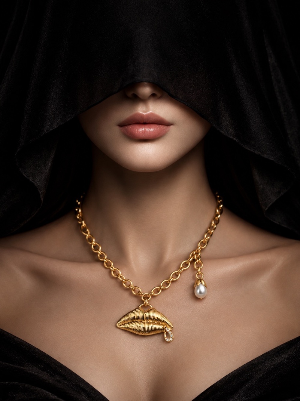 Gold Tone Lips Pendant Necklace with Pearl & Crystal Drop